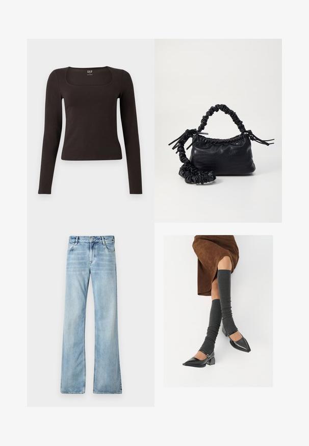Svart langermet, tett topp med firkantet hals, merket GAP, vist på en hvit bakgrunn.; Lyseblå, utslåtte jeans laget av denim, med fem lommer, knappelukking og subtil falming for en slitt effekt.; Sorte lakkpumps med spiss tå, blokkhel, og ankelstropp, kombinert med grå ribbestrikkede beinvarmere og et brunt semsket skinn skjørt.; Svart faux skinn-håndveske med krokodilletekstur, strammet topp og en rynket stropp. Ser myk og kompakt ut i designen.