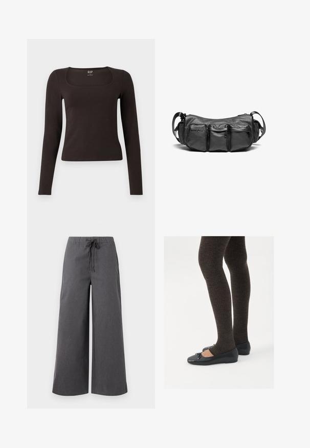 Czarny, długi rękaw, dopasowana bluzka z kwadratowym dekoltem, oznaczona marką GAP, wyeksponowana na białym tle.; Szerokie, ciemnoszare spodnie wykonane z miękkiego materiału, z elastycznym pasem ze sznurkiem i minimalnymi detalami szewnymi.; Czarne płaskie buty z małym kokardkowym detalem na palcach, zestawione z ciemnobrązowymi rajstopami w prążki. Buty mają gładką teksturę i niski profil.; Czarna skórzana torba na ramię z teksturowanym wykończeniem. Posiada trzy zewnętrzne kieszenie i regulowany pasek. Kompaktowy, zaokrąglony kształt.