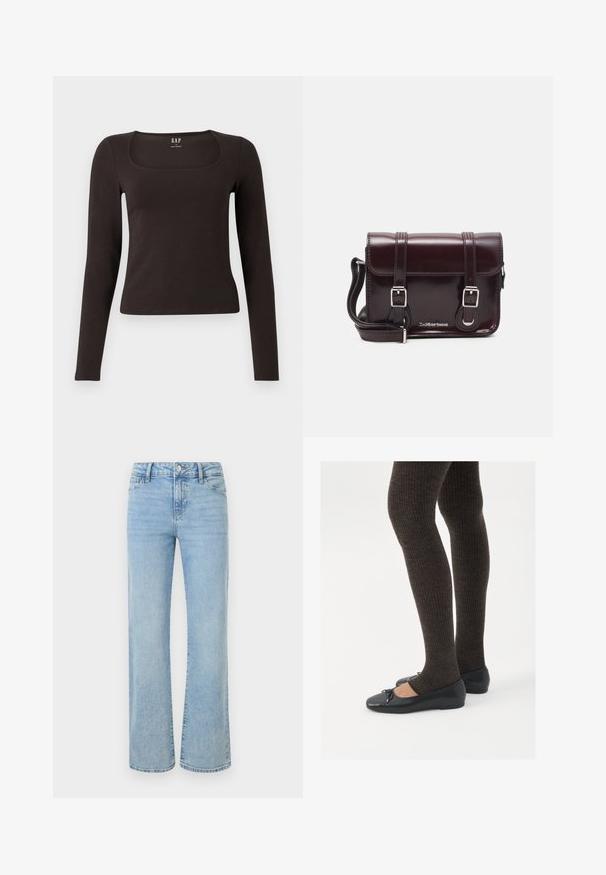 Maglietta nera a maniche lunghe, aderente, con scollatura quadrata, etichettata GAP, esposta su uno sfondo bianco.; Jeans azzurri chiari con design a gamba dritta, realizzati in denim. Le caratteristiche includono una chiusura con bottone e zip, cinque tasche e dettagli cuciti.; Scarpe nere a flat con un piccolo fiocco sulla punta, abbinate a collant a coste marrone scuro. Le scarpe hanno una texture liscia e un profilo basso.; Borsa a tracolla in pelle verniciata bordeaux con forma rettangolare, due manici, accessori in argento e chiusura a patta.