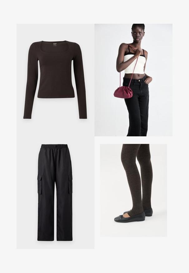 Schwarzes, langärmliges, figurbetontes Oberteil mit quadratischem Ausschnitt, gekennzeichnet mit GAP, vor einem weißen Hintergrund präsentiert.; Schwarze Cargo-Hosen mit einem elastischen Bund, zwei seitlichen Taschen und einem entspannten, weiten Schnitt. Hergestellt aus glattem, leichtem Material.; Schwarze flache Schuhe mit einem kleinen Schleifendetail an der Zehe, kombiniert mit dunkelbraunen gerippten Strumpfhosen. Die Schuhe haben eine glatte Textur und ein niedriges Profil.; Burgunderfarbene Handtasche aus weichem Stoff mit gerafftem Design und langem Trageriemen, quer über den Körper getragen. Das Modell trägt ein weißes Crop-Top und schwarze Jeans.