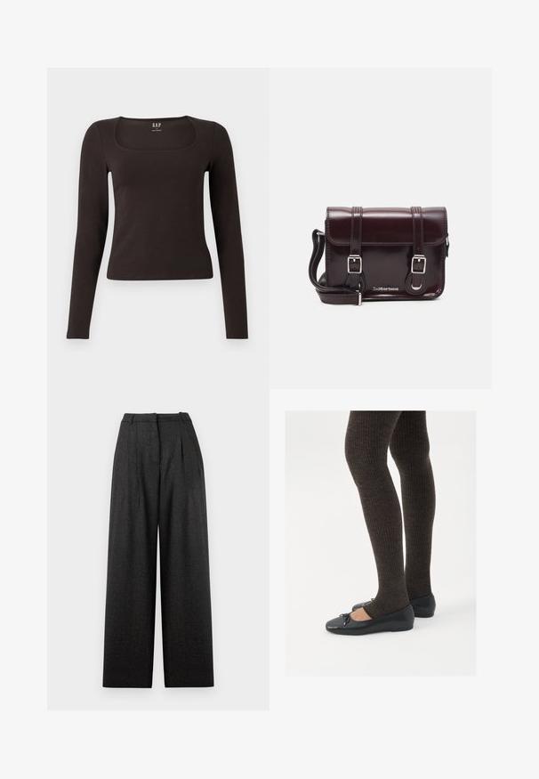 Crna majica dugih rukava, uskog kroja s kvadratnim izrezom, označena s GAP, prikazana na bijeloj pozadini.; Hlače širokih nogavica u tamnosivu kariranoj tkanini, s visokim strukom, plisama i strukturiranim krojem. Izrađene su od teksturiranog materijala.; Crne ravne cipele s malim mašnom na vrhu prstiju, uparene s tamnosmešnim rebrovanim čarapama. Cipele imaju glatku teksturu i nizak profil.; Tamnocrvena lakirana kožna torba preko ramena pravokutnog oblika, s dva remena, srebrnim hardverom i preklopnim zatvaranjem.