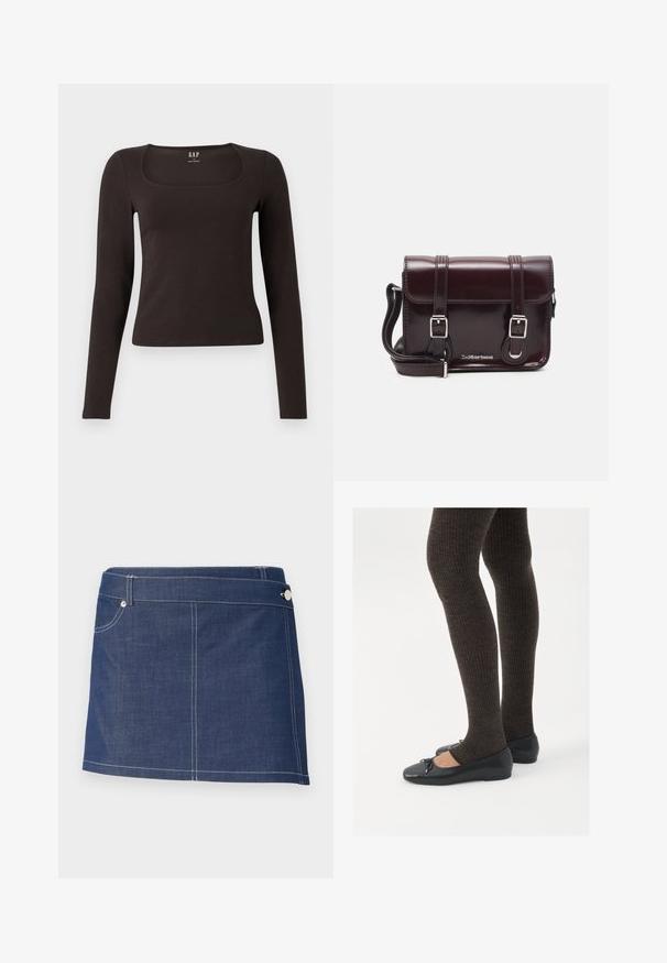 Haut noir à manches longues, ajusté, avec un décolleté carré, étiqueté GAP, affiché sur un fond blanc.; Jupe mini en denim bleu foncé avec des coutures blanches, présentant une seule poche avant et une fermeture à bouton métallique à la taille.; Chaussures plates noires avec un petit nœud au niveau des orteils, associées à des collants côtelés marron foncé. Les chaussures ont une texture lisse et un profil bas.; Sac à bandoulière en cuir verni bordeaux, de forme rectangulaire, avec deux bandoulières, des accessoires en argent et une fermeture à rabat.