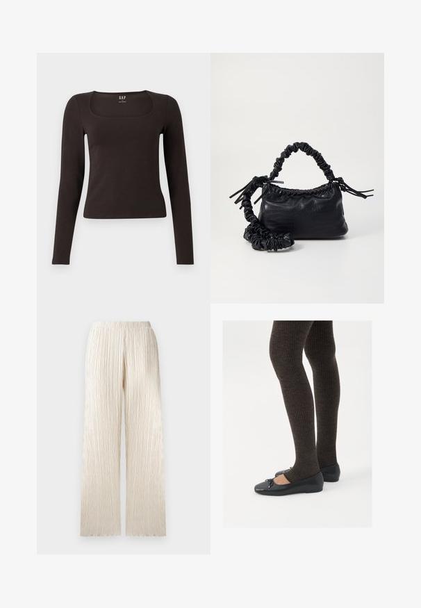 Maglietta nera a maniche lunghe, aderente, con scollatura quadrata, etichettata GAP, esposta su uno sfondo bianco.; Pantaloni larghi color crema con un design a pieghe testurizzato e una vita elastica. Taglio dritto con un aspetto morbido e fluido.; Scarpe nere a flat con un piccolo fiocco sulla punta, abbinate a collant a coste marrone scuro. Le scarpe hanno una texture liscia e un profilo basso.; Borsa a tracolla in ecopelle nera con texture a coccodrillo, apertura cinchata e tracolla arricciata. Si presenta con un design morbido e compatto.
