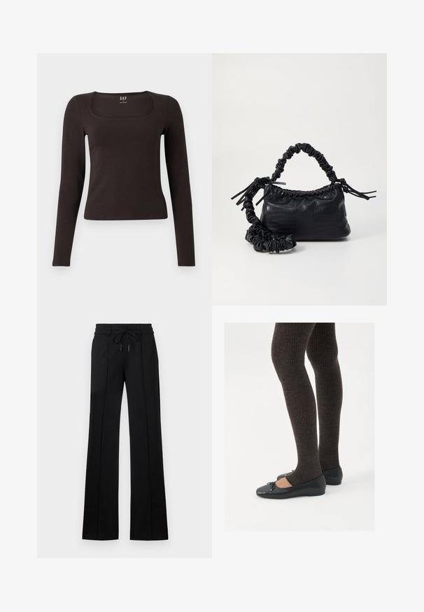 Sort langærmet, tætsiddende top med firkantet halsudskæring, mærket GAP, præsenteret mod en hvid baggrund.; Sorte skræddertrousers med snoretræk i taljen. Har en lige pasform, to forreste sømme og et glat stof med en let glans.; Sorte flade sko med en lille sløjfedetalje ved tåen, parret med mørkebrune ribbede strømpebukser. Skoene har en glat overflade og lav profil.; Sort kunstlæder håndtaske med krokodilteksur, indsnøret top og en sammenkrøben rem. Ser blød og kompakt ud i designet.