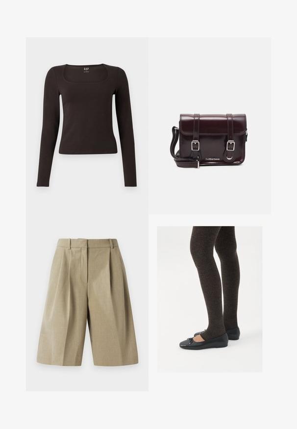 Musta pitkähihainen, slim fit -paita, jossa on neliömäinen kaula-aukko, merkitty GAP, esillä valkoisella taustalla.; Beige lyhyt lahkeinen housut, joissa on pleidattu muotoilu, valmistettu kevyestä kankaasta. Ominaisuuksiin kuuluu vyötärö ja syvät etutaskut.; Mustat matalat kengät, joissa on pieni nauha varpaissa, yhdistettynä tummanruskeisiin ribattuisiin sukkahousuihin. Kengissä on sileä pinta ja matala profiili.; Burgundin värinen lakattu nahkainen olkapussukka, jossa on suorakulmainen muoto, kaksi hihnaa, hopeiset yksityiskohdat ja läppäkiinnitys.