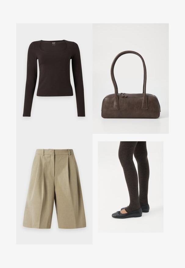 Čierny priliehavý top s dlhým rukávom a štvorcovým výstrihom, označený značkou GAP, zobrazený na bielom pozadí.; Bežové prispôsobené šortky s plisé dizajnom, vyrobené z ľahkej tkaniny. Majú pás a hlboké predné vrecká.; Čierne ploché topánky s malou mašľou na špičke, v kombinácii s tmavohnedými rebrovanými pančuchami. Topánky majú hladký povrch a nízky profil.; Hnedá kožená kabelka s dvoma pevným uchami, obdĺžnikovým tvarom, hladkým povrchom a zipsovým uzáverom. Minimalistický dizajn bez viditeľných vzorov.