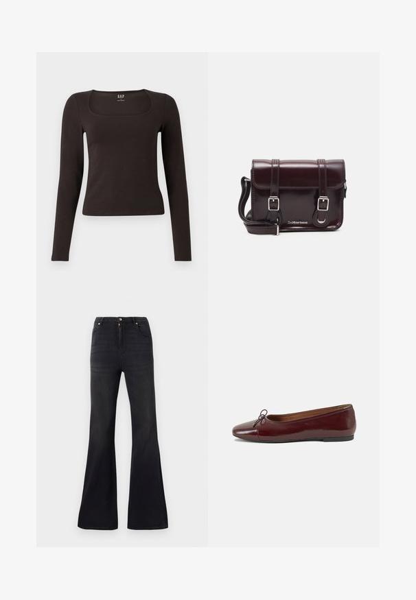 Fekete, hosszú ujjú, elasztikus felső négyzet alakú dekoltázzsal, GAP felirattal, fehér háttér előtt bemutatva.; Fekete, magas derekú farmernadrág, szélesített szárakkal, elülső gombos és cipzáras záródással, valamint öt zsebes dizájnnal.; Burgundi lakkbőr balettcipő kerek orral, elöl kis masni díszítéssel és alacsony, fekete gumi talppal. Simára csiszolt felület.; Burgundy lakkbőr keresztpántos táska téglalap alakú, két pánttal, ezüst színű szerelvényekkel és fedélzárral.