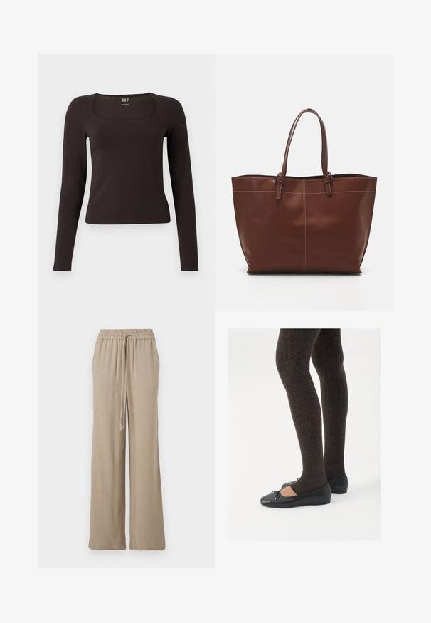 Czarny, długi rękaw, dopasowana bluzka z kwadratowym dekoltem, oznaczona marką GAP, wyeksponowana na białym tle.; Beżowe spodnie o szerokich nogawkach, wykonane z lekkiego materiału. Posiadają elastyczny pas z sznurkiem oraz boczne kieszenie. Gładka faktura.; Czarne płaskie buty z małym kokardkowym detalem na palcach, zestawione z ciemnobrązowymi rajstopami w prążki. Buty mają gładką teksturę i niski profil.; Brązowa skórzana torba na ramię z podwójnymi uchwytami, charakteryzująca się kontrastowym przeszyciem i przestronnym designem, idealna do codziennego użytku.