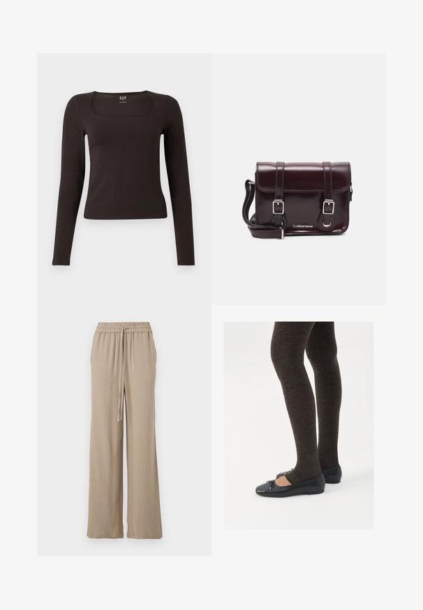 Črn dolg rokav, prilegajoča majica s kvadratnim izrezom, označena z GAP, prikazana na belem ozadju.; Bež široke hlače iz lahkega blaga. Imajo elastičen pas s vrvico in stranske žepe. Gladka tekstura.; Črne ravne čevlje z majhnim lokom na prstih, v kombinaciji s temno rjavimi rebrastimi nogavicami. Čevlji imajo gladko teksturo in nizko obliko.; Burgundska patentna usnjena torbica čez ramo z pravokotno obliko, dvema trakovoma, srebrno kovinsko opremo in zapiranjem na preklop.