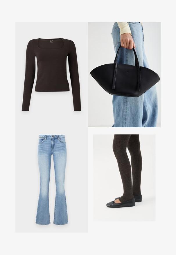 Svart langermet, tett topp med firkantet hals, merket GAP, vist på en hvit bakgrunn.; Lyseblå utsvingte jeans laget av denim. Har et tradisjonelt fem-lommers design og en glidelås med knappelukking. Falmet effekt på lårene.; Sorte flate sko med en liten sløyfedetalj på tåen, kombinert med mørkebrune ribbede strømpebukser. Skoene har en glatt overflate og lav profil.; Svart skinnveske med en unik vifteform, med flate håndtak. Overflaten har en pebblelignende tekstur og et minimalistisk design.