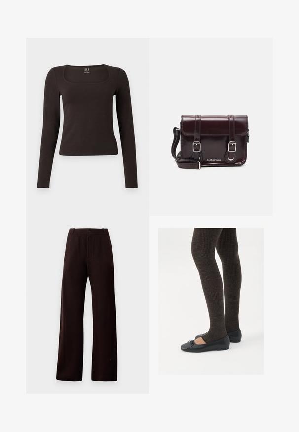 Haut noir à manches longues, ajusté, avec un décolleté carré, étiqueté GAP, affiché sur un fond blanc.; Pantalons larges marron foncé avec zip, fermeture à bouton et passants de ceinture, présentés sur fond uni.; Chaussures plates noires avec un petit nœud au niveau des orteils, associées à des collants côtelés marron foncé. Les chaussures ont une texture lisse et un profil bas.; Sac à bandoulière en cuir verni bordeaux, de forme rectangulaire, avec deux bandoulières, des accessoires en argent et une fermeture à rabat.
