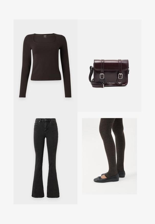 Black long-sleeve, fitted top with a square neckline, labeled GAP, displayed on a white background.; Black high-waisted flared jeans with front button and zipper, front and back pockets, displayed against a white background.; Black flat shoes with a small bow detail at the toe, paired with dark brown ribbed tights. Shoes have a smooth texture and low profile.; Burgundy patent leather crossbody bag with a rectangular shape, two straps, silver hardware, and a flap closure.