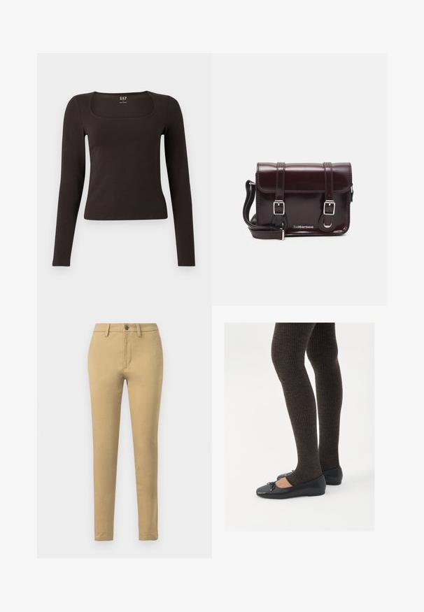 Svart langermet, tett topp med firkantet hals, merket GAP, vist på en hvit bakgrunn.; Khaki chinos laget av en bomullsblandingsstoff, med slim fit, beltehemper, frontlommer og enkel knappelukking.; Sorte flate sko med en liten sløyfedetalj på tåen, kombinert med mørkebrune ribbede strømpebukser. Skoene har en glatt overflate og lav profil.; Burgunderfarget patentlær crossover-veske med rektangulær form, to stropper, sølvfarget hardware og klaffelukking.