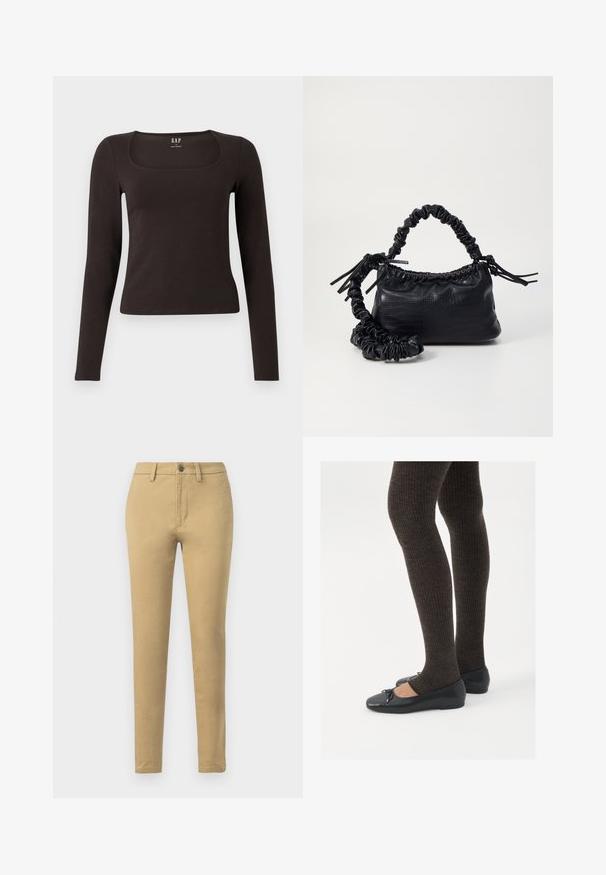 Melnas garās piedurknes, pieguļošs tops ar kvadrātveida apkakli, ar uzrakstu GAP, novietots uz baltā fona.; Kaki chinos no kokvilnas maisījuma auduma, ar šauru piegriezumu, jostas cilpām, priekšējiem kabatām un vienu pogu aizdari.; Melnas plakano formas kurpes ar mazu loku uz pirksta, apvienotas ar tumši brūnām ribotām zeķubiksēm. Kurpēm ir gluda tekstūra un zems profils.; Melnā mākslīgās ādas rokassoma ar krokodila rakstu, savilkta augšdaļa un saburzīta siksna. Izskatās mīksta un kompakta pēc dizaina.