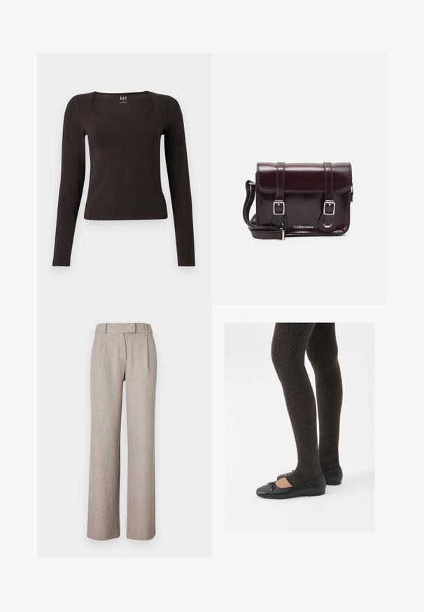 Zwarte lange mouwen, getailleerde top met een vierkante halslijn, gelabeled GAP, weergegeven op een witte achtergrond.; Beige op maat gemaakte broeken van een gestructureerde stof, met een recht model en voorplooien. Geen zichtbare hardware of patronen.; Zwarte platte schoenen met een kleine strikdetail op de neus, gecombineerd met donkerbruine geribbelde panty’s. De schoenen hebben een gladde textuur en een lage profiel.; Bordeaux patent leren crossbody tas met een rechthoekige vorm, twee banden, zilveren hardware en een klep sluiting.