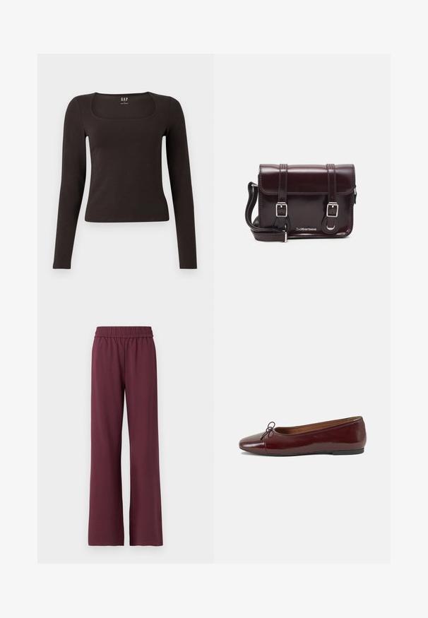 Czarny, długi rękaw, dopasowana bluzka z kwadratowym dekoltem, oznaczona marką GAP, wyeksponowana na białym tle.; Bordowe spodnie szerokie z elastycznym pasem, wykonane z miękkiego materiału, charakteryzujące się gładką fakturą i luźnym krojem.; Bordowe baleriny z lakierowanej skóry z zaokrąglonym noskiem, małą kokardką z przodu oraz niską, czarną gumową podeszwą. Gładka tekstura.; Bordowa torebka typu crossbody z lakierowanej skóry, w kształcie prostokąta, z dwiema rączkami, srebrnymi akcentami i zapięciem na klapkę.