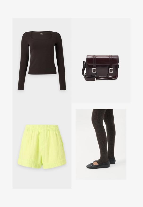 Top negro de manga larga, ajustado, con escote cuadrado, etiquetado como GAP, presentado sobre un fondo blanco.; Pantalones cortos verde lima hechos de una tela ligera y texturizada, con una cintura elástica y un bolsillo lateral. Sin cierres visibles.; Zapatos planos negros con un pequeño lazo en la punta, combinados con medias de punto en marrón oscuro. Los zapatos tienen una textura suave y un perfil bajo.; Bolso bandolera de charol burdeos con forma rectangular, dos correas, herrajes plateados y cierre de solapa.