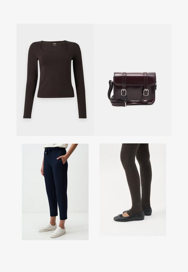 Zwarte lange mouwen, getailleerde top met een vierkante halslijn, gelabeled GAP, weergegeven op een witte achtergrond.; Jimmy Key Trainingsbroek - dark blue; Zwarte platte schoenen met een kleine strikdetail op de neus, gecombineerd met donkerbruine geribbelde panty’s. De schoenen hebben een gladde textuur en een lage profiel.; Bordeaux patent leren crossbody tas met een rechthoekige vorm, twee banden, zilveren hardware en een klep sluiting.