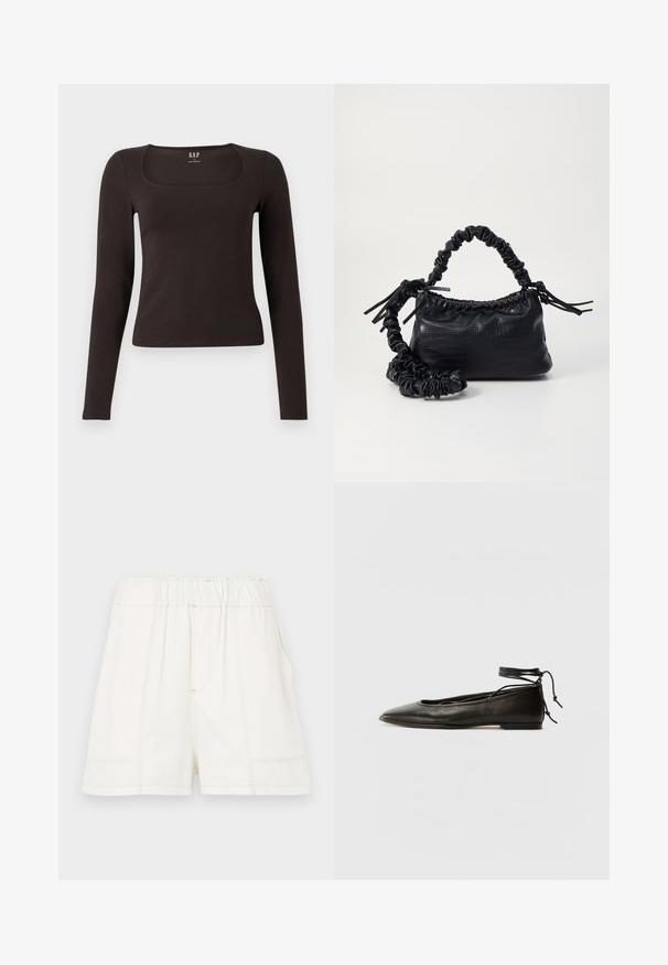 Fekete, hosszú ujjú, elasztikus felső négyzet alakú dekoltázzsal, GAP felirattal, fehér háttér előtt bemutatva.; Fehér pamut rövidnadrág rugalmas derékkal, oldalsó zsebekkel és látható varrás részletekkel a textúra fokozása érdekében.; Fekete bőr balettcipők hegyes orral, bokakötővel és lapos talppal, sima textúrával és minimalista dizájnnal.; Fekete műbőr kézi táska krokodil bőr textúrával, összehúzható tetejű és gyűrt pánttal. Lágy és kompakt dizájnúnak tűnik.