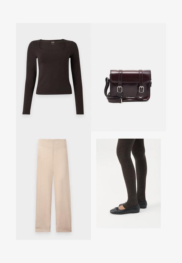 Crna majica dugih rukava, uskog kroja s kvadratnim izrezom, označena s GAP, prikazana na bijeloj pozadini.; Bež lanene hlače ravnog kroja, s glatkom teksturom i preklopljenim rubovima. Nema vidljivih džepova ili ukrasa.; Crne ravne cipele s malim mašnom na vrhu prstiju, uparene s tamnosmešnim rebrovanim čarapama. Cipele imaju glatku teksturu i nizak profil.; Tamnocrvena lakirana kožna torba preko ramena pravokutnog oblika, s dva remena, srebrnim hardverom i preklopnim zatvaranjem.