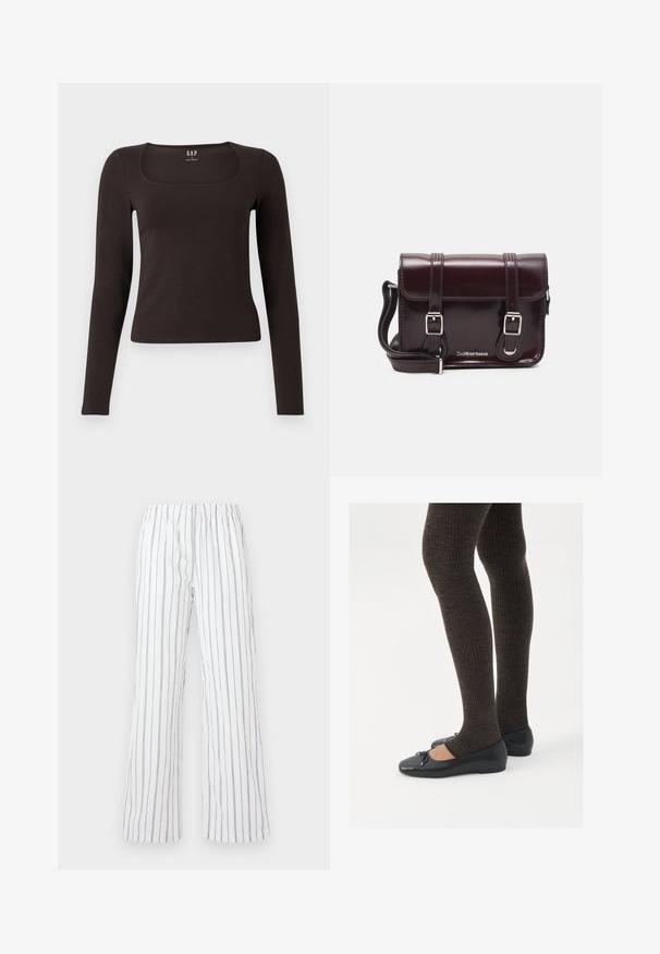 Must musta, sobiv ülikond, neljakandiline kaelus, sildiga GAP, valge tausta peal.; Valged püksid siniste vertikaalsete triipudega, valmistatud kergest kangast. Kvaliteetne elastne vöökoht ja laiad, flared sääred.; Mustad mustad kingad väikese teksaga varvaste juures, koos tumedate pruunide ribakangastega. Kingadel on sile tekstuur ja madal profiil.; Burgundi värvi patendiga nahast risti koti, millel on ristkülikuline kuju, kaks rihma, hõbedased detailid ja klapi sulgur.