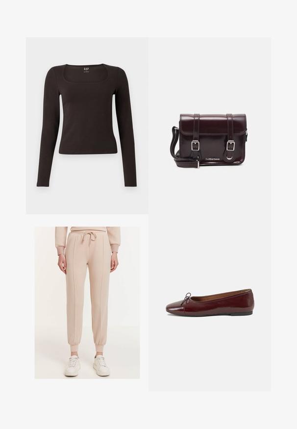Zwarte lange mouwen, getailleerde top met een vierkante halslijn, gelabeled GAP, weergegeven op een witte achtergrond.; Beige joggers met elastische boorden en een tailleband met trekkoord. Kenmerkt zich door twee verticale naden aan de voorkant. Draagt een paar witte sneakers.; Bordeaux gepatenteerd lederen ballerina met een ronde neus, een klein strikaccent aan de voorkant en een lage, zwarte rubberen zool. Glad textuur.; Bordeaux patent leren crossbody tas met een rechthoekige vorm, twee banden, zilveren hardware en een klep sluiting.