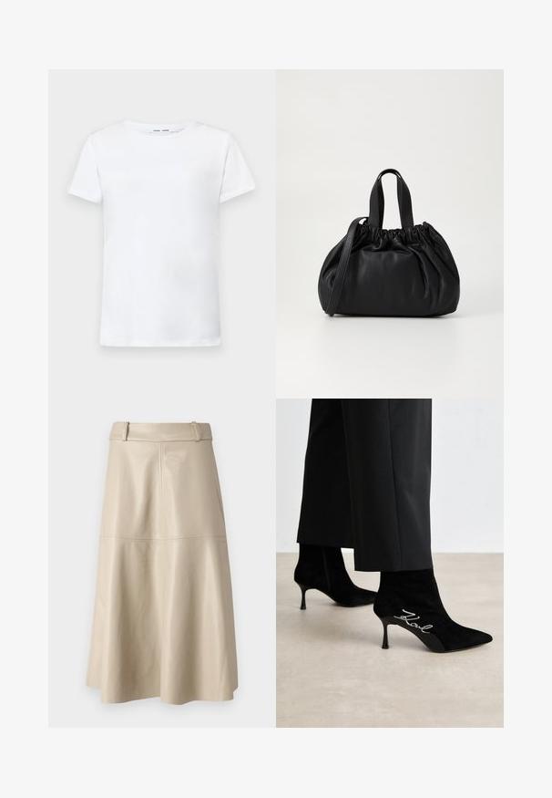 Valge lühikeste varrukatega T-särk, valmistatud puuvillast, ümmarguse kaelusega. Sile tekstuur ja sirge lõige, ilma mustrite või aktsentideta.; Beež nahast midi-seelik, millel on sile tekstuur, lai talje ja laienev serves; lisatud detailina on nähtavad õmblused.; Mustad nahast ankle-boots teravate ninade, kitsaste kandade ja hõbedase "Kowl" detailiga külgedel. Sile tekstuur ja sobiv disain.; Mustmust mustkott mustrihmaga ülaosa disainiga, millel on kaks lühikest käepidet ja pikk reguleeritav rihm. Sile tekstuur, ümar kuju.