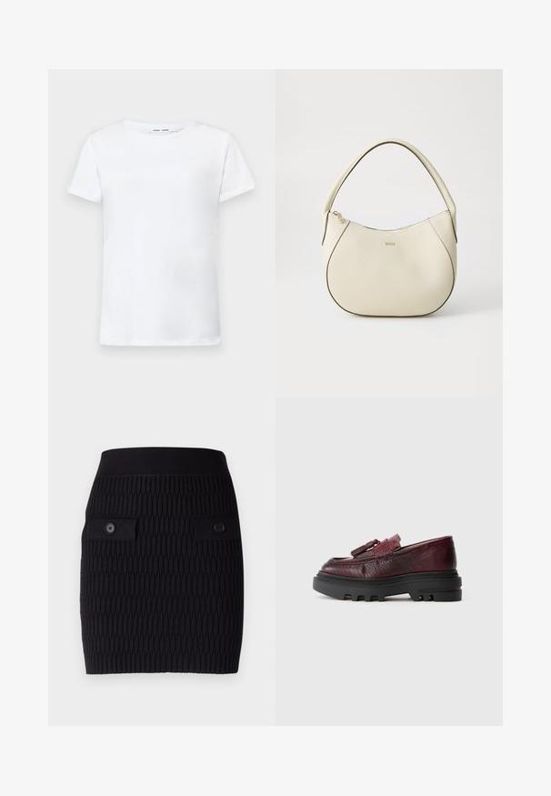 Balta trumpa medvilninė marškinėlių su apvalia iškirpte. Lygus paviršius ir tiesus kirpimas, be raštų ar akcentų.; Juodas megztas sijonas su tekstūruotu raštu, turintis dvi mygtukais uždaromas kišenes ir prigludusią liemenėlę. Vidutinio ilgio iki šlaunų.; Burgundi odiniai loaferiai su tekstūruotu paviršiumi, turintys stambų juodą pado ir mažą kutą akcentą priekyje.; Grietos spalvos rankinė su tekstūruotu paviršiumi, kreivos formos, trumpa rankena ir auksinės spalvos logotipo detalė. Užtrauktuko uždarymas viršuje.