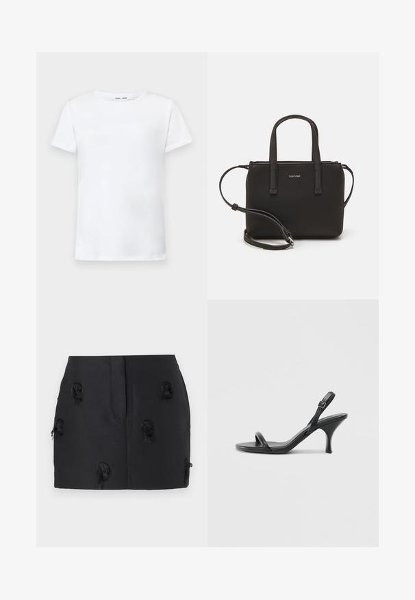 Balta īsām piedurknēm T-krekls, izgatavots no kokvilnas, ar apaļu kakla izgriezumu. Gluda tekstūra un taisna piegriezuma, bez rakstiem vai akcentiem.; Melnā svārku dizainā ar pieguļošu formu, kurā ir teksturēti, sasmalcināti akcenti, kas izkaisīti pa audumu. Gluda materiāla bez redzamām aizdariem.; Melnas ādas augstpapēžu sandales ar plānu, izliekta formas papēdi un krustenisku siksnu dizainu. Regulējama potītes siksna. Gluda tekstūra.; Melns roku soma ar divām īsām rokturiem un noņemamu plecu siksnu. Gluda ādas līdzīga materiāla ar rāvējslēdzēja aizdari un logos detaļu.