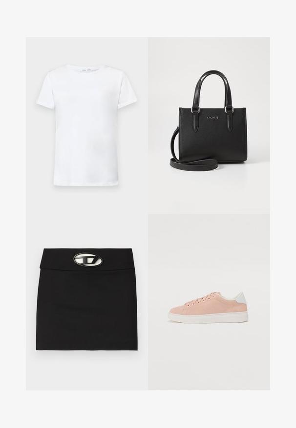 Balta īsām piedurknēm T-krekls, izgatavots no kokvilnas, ar apaļu kakla izgriezumu. Gluda tekstūra un taisna piegriezuma, bez rakstiem vai akcentiem.; Melnā mini svārku ar plakanu jostasvietu. Priekšpusē ir izteikta metāla logotipa sprādze. Izgatavoti no gludas auduma bez redzamām rakstzīmēm.; Gaiši rozā zamšādas sporta apavi ar baltu gumijas zoli, noapaļota purngala un balta papēža akcenta. Iespējas ar plakanajiem šņorēm un minimālu zīmolu zīmogu sānos.; Melnas teksturētas ādas rokassoma ar īsām rokturēm un noņemamu plecu siksnu. Priekšā ir sudraba "LACOSTE" logo.