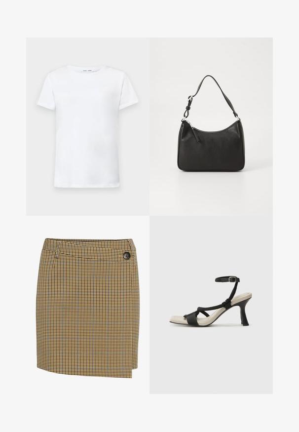 Bela kratka majica s kratkimi rokavi iz bombaža z obliko okroglega izreza. Gladka struktura in raven kroj, brez vzorcev ali dodatkov.; Rjava in rumena karirana krila z modrimi poudarki. Ima ravno krojenje, stransko zapiranje s gumbi in gladko teksturo tkanine.; Črne sandale na visoki peti z prepletenim trakom, kvadratnim nosom in nastavljivim gležnjenjem. Svetlo bež podplat z sijajno črno peto.; Črna usnjena torba za roke s ukrivljenim oblikom, enim trakom, zadrgo in diskretnim blagovnim znamkom na sprednjem delu. Gladka tekstura, minimalističen dizajn.