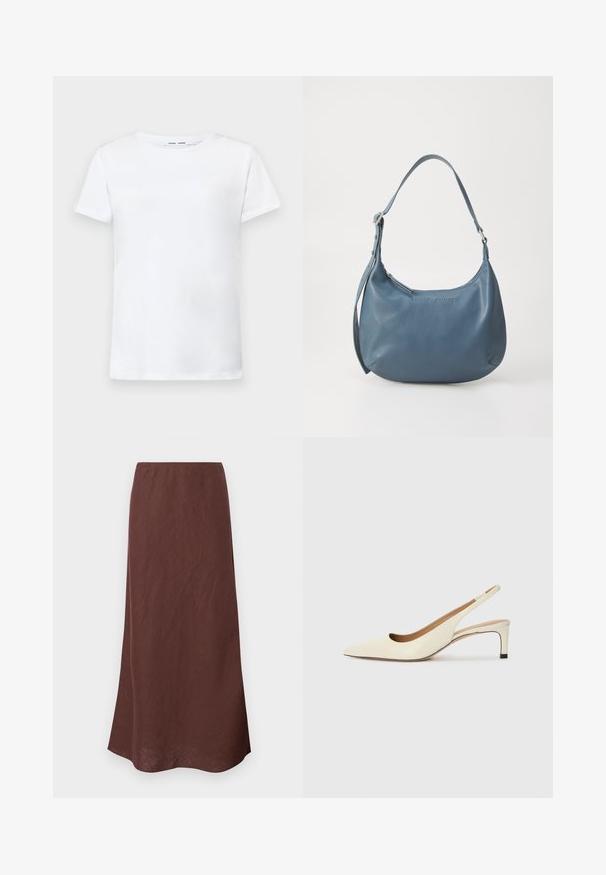 Tricou alb cu mâneci scurte, fabricat din bumbac, cu design de guler rotund. Textură netedă și croială dreaptă, fără modele sau accente.; Fustă lungă, maro, realizată dintr-un material ușor. Prezintă un design simplu, cu o croială dreaptă și o textură netedă. Marginea este ușor curbată.; Sandal cu vârful ascuțit, tip slingback, din piele albă, cu toc jos și design decupat, având o textură fină și accente minime.; Geantă de umăr din piele albastră, cu o formă rotunjită, bretea unică, închidere cu fermoar și numele brandului embosat pe față. Textură netedă.