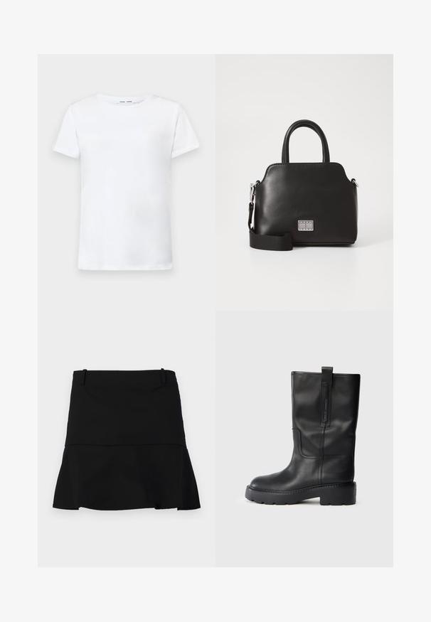 Fehér, rövid ujjú póló, pamutból készült, kerek nyakkivágással. Sima textúrájú, egyenes vonalú, minta vagy díszítés nélkül.; Fekete rövid szoknya, enyhe harangzárással az alján és övhurkokkal a derékszíj részen, fehér háttér előtt.; Fekete bőr, térd fölé érő csizmák, amelyek karcsú dizájnnal rendelkeznek, vastag talppal és oldalsó húzópánttal a könnyű felvételhez. Figyelemre méltó varrási részletek.; Fekete szintetikus kézitáska, felső fogantyúkkal, levehető vállpánttal, kerek formával, sima textúrával és ezüst logóval az elején.