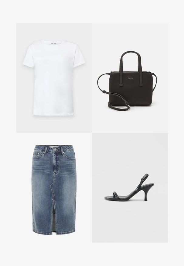 Bela kratka majica s kratkimi rokavi iz bombaža z obliko okroglega izreza. Gladka struktura in raven kroj, brez vzorcev ali dodatkov.; Modra denim krilo do kolen z odprtino na sprednjem srednjem delu, zasnovo s petimi žepi in gumbom za zapiranje na pasu.; Črne usnjene visoke sandale s tankim, ukrivljenim petam in obliko križanih trakov. Nastavljiv trak okoli gležnja. Gladka tekstura.; Črna torbica z dvema kratkima ročajema in odstranljivim naramnim trakom. Gladek usnju podoben material z zadrgo in podrobnostmi z logotipom.
