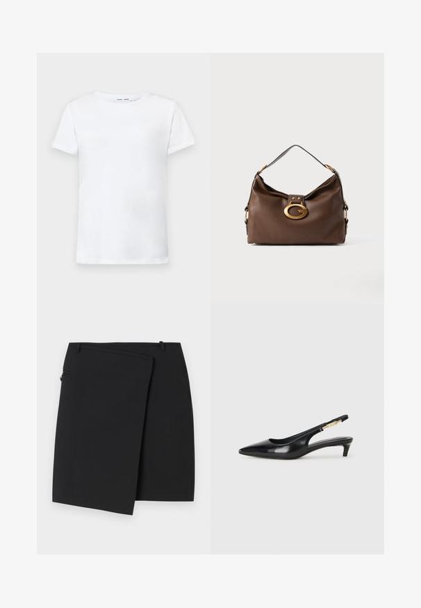 Hvit kortermet t-skjorte laget av bomull med rund hals-design. Glatt tekstur og rett snitt, uten mønstre eller detaljer.; Svart omslagskjørt med en glatt tekstur, som har glidelås i siden og to beltesløyfer. Enkelt design uten synlige mønstre eller detaljer.; Sorte lærreim hæler med spiss tå, som har en slank hæl og en gullfarget detalj på den justerbare stroppen. Glatt tekstur.; Brun lærveske med teksturert overflate, som har en lås i gullfarge og en enkelt, buet skulderreim.