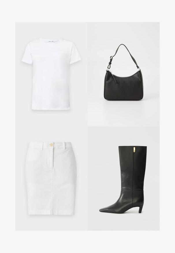 White short-sleeve t-shirt made of cotton with a crew neck design. Smooth texture and straight cut, no patterns or accents.; White cotton pencil skirt with a front button closure, belt loops, and a smooth texture. Minimalist design, knee-length.; Black leather knee-high boot with a pointed toe and a small heel. Features a sleek design with a gold accent detail. Smooth texture.; Black leather handbag with a curved shape, a single strap, zip closure, and subtle branding on the front. Smooth texture, minimalist design.