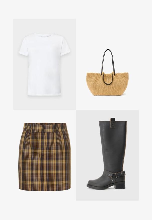 T-shirt bianca a maniche corte in cotone con design a girocollo. Tessuto liscio e taglio dritto, senza motivi o accenti.; Gonna mini a quadri giallo e blu navy. Caratterizzata da vita alta, parte frontale piatta e tasche laterali, realizzata in tessuto testurizzato con forma strutturata.; Stivale nero in pelle alta fino al ginocchio con finitura texturizzata, caratterizzato da un'accento a fibbia laterale e un tacco basso. Cuciture dettagliate lungo le cuciture.; Borsa a rete in paglia beige, con manici in pelle nera e accessori in metallo argentato. Forma spaziosa e curvata con superficie testurizzata.