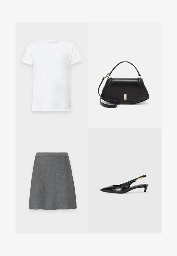 Camiseta blanca de manga corta hecha de algodón con diseño de cuello redondo. Textura suave y corte recto, sin patrones ni acentos.; Falda de lana gris con cintura ajustada, forma en A y textura suave. Sin bolsillos ni detalles de hardware visibles.; Tacones negros de piel sintética tipo slingback con punta afilada, que cuentan con un tacón delgado y un detalle en tono dorado en la correa ajustable. Textura suave.; Bolso de mano de cuero negro con un diseño estructurado, que presenta una forma recortada, asa superior y acentos en dorado. Correa de hombro ajustable incluida.