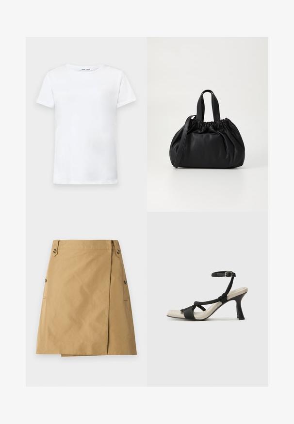 Vit kortärmad t-shirt i bomull med rundad halsringning. Slät textur och rak skärning, utan mönster eller detaljer.; Ljusbrun kjol i ett mjukt tyg med ett framstycke, som har två sidfickor och två knappar i midjan.; Svart klacksandaler med flätad remdesign, fyrkantig tå och justerbar vristrem. Ljusbeige fotbädd med glansig svart klack.; Svart läderhandväska med en samlad toppdesign, som har två korta handtag och ett långt justerbart axelband. Slät textur, rund form.