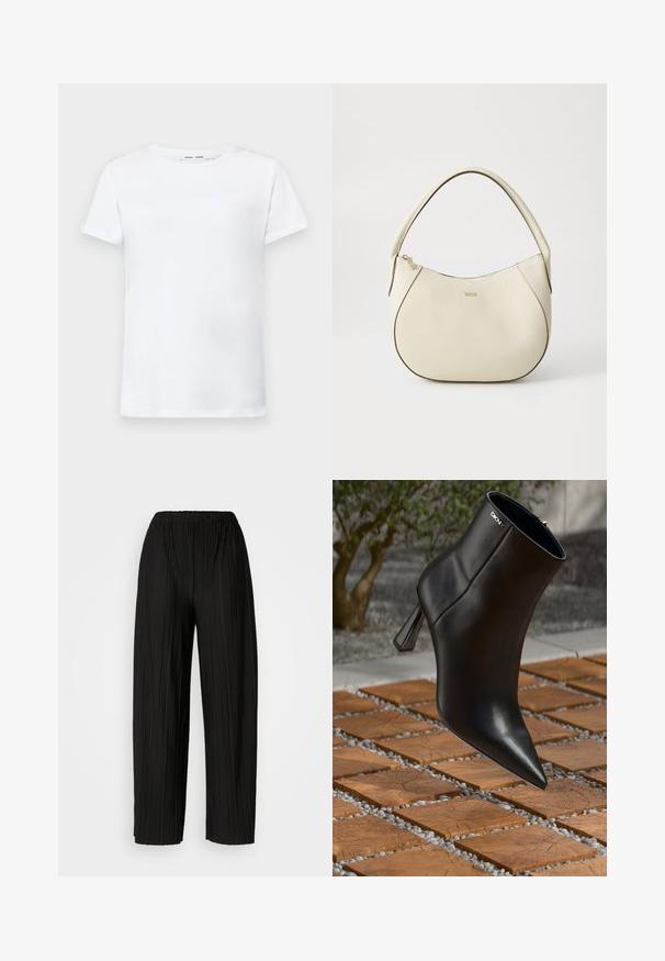 Bela kratka majica s kratkimi rokavi iz bombaža z obliko okroglega izreza. Gladka struktura in raven kroj, brez vzorcev ali dodatkov.; Črne široke hlače z nagubanimi hlačnicami in elastičnim pasom. Tkanina vsebuje vertikalne gube in gladko teksturo.; Črne usnjene gležnjarje s koničastim nosom in geometrično peto. Imajo subtilno blagovno oznako in gladko teksturo. Ozadje ima teksturirane ploščice.; Kremna torbica z teksturiranim zaključkom, ukrivljena oblika, kratek ročaj in detajl v zlatem tonu z logotipom. Zadrga na vrhu.