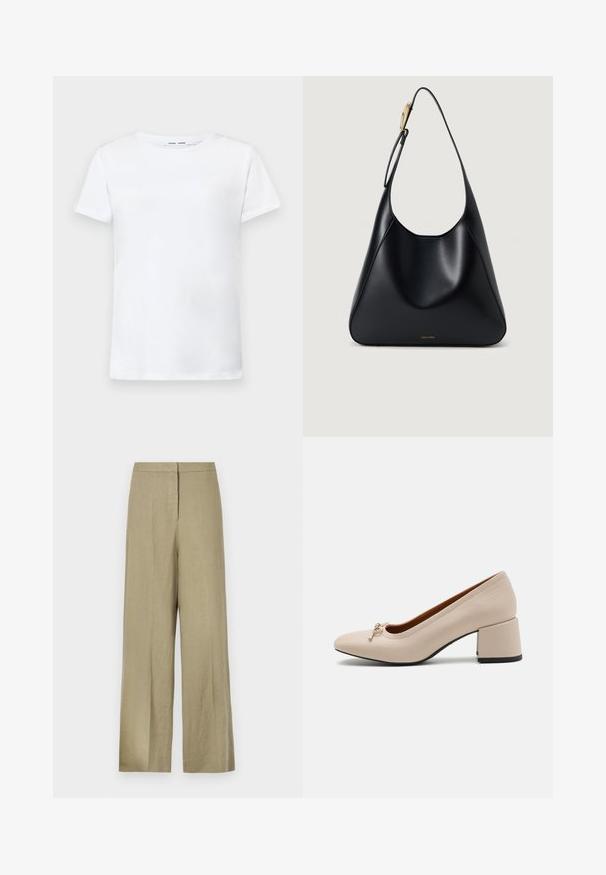 Bílá krátká tričko s krátkým rukávem vyrobené z bavlny s kruhovým výstřihem. Hladká textura a rovný střih, bez vzorů nebo akcentů.; Světlé zelené, široké kalhoty vyrobené z lnu. Mají vysoký pas a čistý přední design s jedním záhybem.; Bežové kožené lodičky se zaoblenou špičkou, dekorativní mašličkou vpředu a robustním čtvercovým podpatkem. Hladký povrch a jednoduchý design.; Černá kožená kabelka přes rameno se hladkým povrchem, zakřiveným siluetou a zlatým kováním. Na spodní straně je vyražené logo značky.