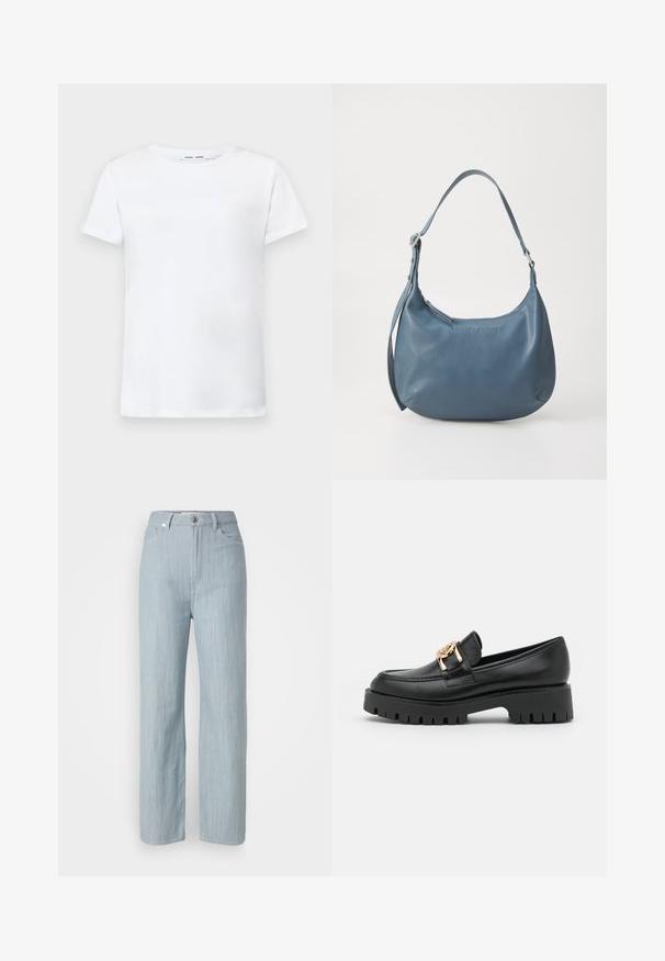 Balta īsām piedurknēm T-krekls, izgatavots no kokvilnas, ar apaļu kakla izgriezumu. Gluda tekstūra un taisna piegriezuma, bez rakstiem vai akcentiem.; Gaiši zilas taisnas kājas džinsi, izgatavoti no džinsa auduma. Iezīmē piecas kabatas, metāla pogu aizdari un smalku nodilumu tekstūrai.; Melna ādas loafers ar masīvu zoli un zelta aksesuāriem; iekļauj noapaļotu purngalu un šuvju apdari gar augšdaļu.; Zila ādas rokassoma ar noapaļotu formu, vienu plecu siksnu, ar rāvējslēdzēju aizdari un iegravētu zīmola nosaukumu priekšpusē. Gluda tekstūra.