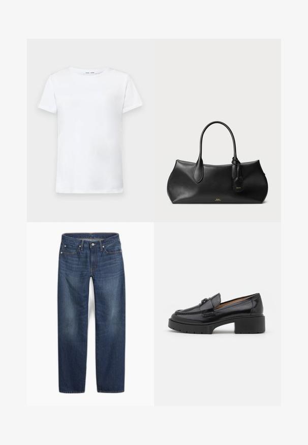 Balta trumpa medvilninė marškinėlių su apvalia iškirpte. Lygus paviršius ir tiesus kirpimas, be raštų ar akcentų.; Tamsiai mėlyni džinsai tiesiai nukirptomis kojomis. Ypatingos savybės: sagos užsegimas, penkios kišenės ir subtilus audinio išblukimas.; Juodas odinis loaferis su žemu blokiniu kulnu, apvalia nosimi, dekoratyviu dirželiu ir tekstūruotu siuvimo detalėmis viršuje. Lygus paviršius.; Juodas odinis rankinukas su lygiu paviršiumi, apvalia forma, dviem rankenėlėmis ir mažąja etikete. Niūrus prekės ženklas auksu ant priekio.