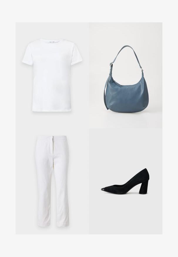 Bela kratka majica s kratkimi rokavi iz bombaža z obliko okroglega izreza. Gladka struktura in raven kroj, brez vzorcev ali dodatkov.; Beli bombažne hlače s ravnim krojem, srednje visoko pasom, brez vidnih kovinskih elementov ali vzorcev. Gladka textura po vsej površini.; Črne nubuk visoke pete z ostrim nosom, ki imajo sijajno črno kapico in masiven, koničast peto.; Modra usnjena torbica z zaobljeno obliko, enim naramnim ročajem, zadrgo in vtisnjenim imenom blagovne znamke na sprednji strani. Gladka tekstura.