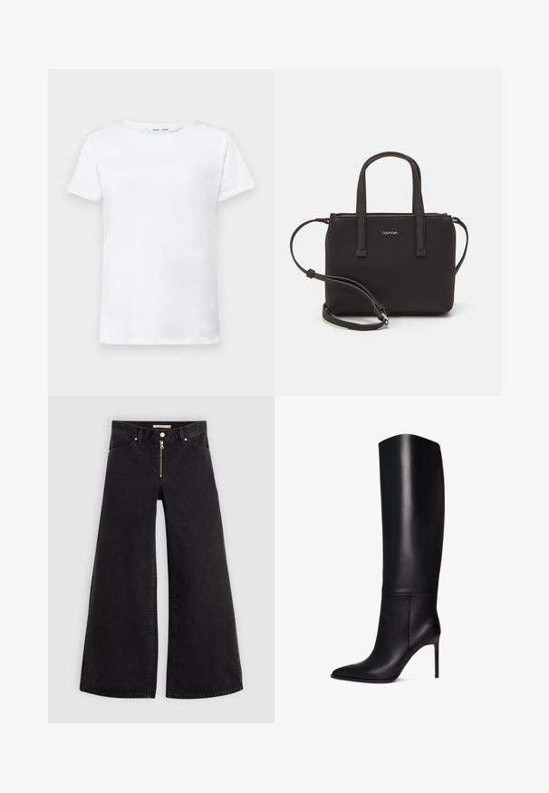 Biała koszulka z krótkim rękawem, wykonana z bawełny, z okrągłym dekoltem. Gładka tekstura i prosty krój, bez wzorów czy akcentów.; Jeans o szerokich nogawkach w czarnym denienie z zamkiem błyskawicznym z przodu, pięcioma kieszeniami i subtelnymi detalami przeszycia. Gładka tekstura i swobodny styl.; Czarne skórzane botki na obcasie typu stiletto do kolan z szpiczastym noskiem. Gładka faktura, zorganizowany design i smukły, wysoki obcas. Brak widocznych elementów metalowych lub wzorów.; Czarna torebka z dwoma krótkimi uchwytami i odpinanym paskiem na ramię. Gładki materiał przypominający skórę, z zamkiem błyskawicznym i detalem z logo.
