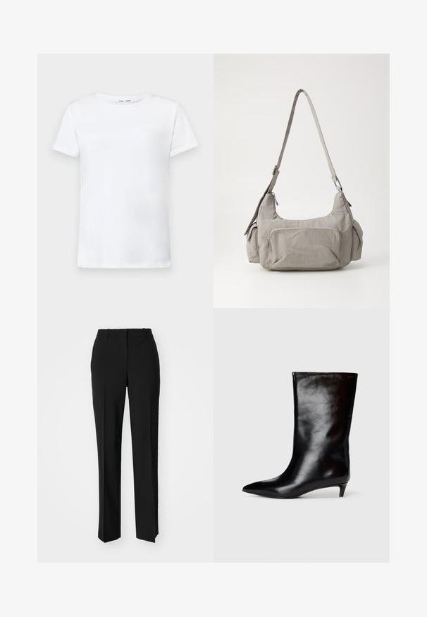 Fehér, rövid ujjú póló, pamutból készült, kerek nyakkivágással. Sima textúrájú, egyenes vonalú, minta vagy díszítés nélkül.; Fekete, testhezálló nadrág egyenes szárú kivitelben, sima textúrával és éles redőkkel az elején. Nincs látható fémalkatrész.; Simító fekete bőr, középmagas csizma, hegyes orral és alacsony, macskatornyos sarokkal, sima fehér háttér előtt.; Szürke vászon válltáska két oldalsó zsebbel, elülső cipzáras zsebbel és széles, állítható pánttal. Egyszerű, funkcionális kialakítás.