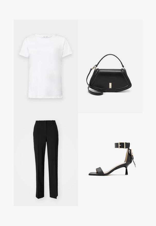 Vit kortärmad t-shirt i bomull med rundad halsringning. Slät textur och rak skärning, utan mönster eller detaljer.; Svarta skräddarsydda byxor med rak benform, med en slät yta och skarpa veck fram. Ingen synlig hårdvara.; Svarta läderklackar med fyrkantig tå, ankelrem med en guldspänne och en smal klack. Slät textur, minimalistisk design.; Svart läderhandväska med en strukturerad design, som har en avskuren form, ett handtag upptill och guldiga detaljer. Justerbar axelrem ingår.