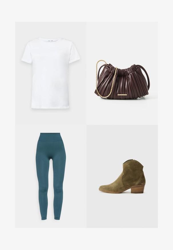 T-shirt branca de manga curta feita de algodão com um design de gola redonda. Textura suave e corte reto, sem padrões ou acentos.; Hunkemöller SEAMLESS - Leggings - green; Botas de tornozelo em camurça verde-oliva com biqueira pontuda, detalhes curvados nas laterais e salto empilhado. Textura suave, design minimalista.; Bolsa de pele pregueada em burdeos com alça de corrente dourada e pequeno detalhe retangular em metal. Textura suave, formato arredondado e design elegante.