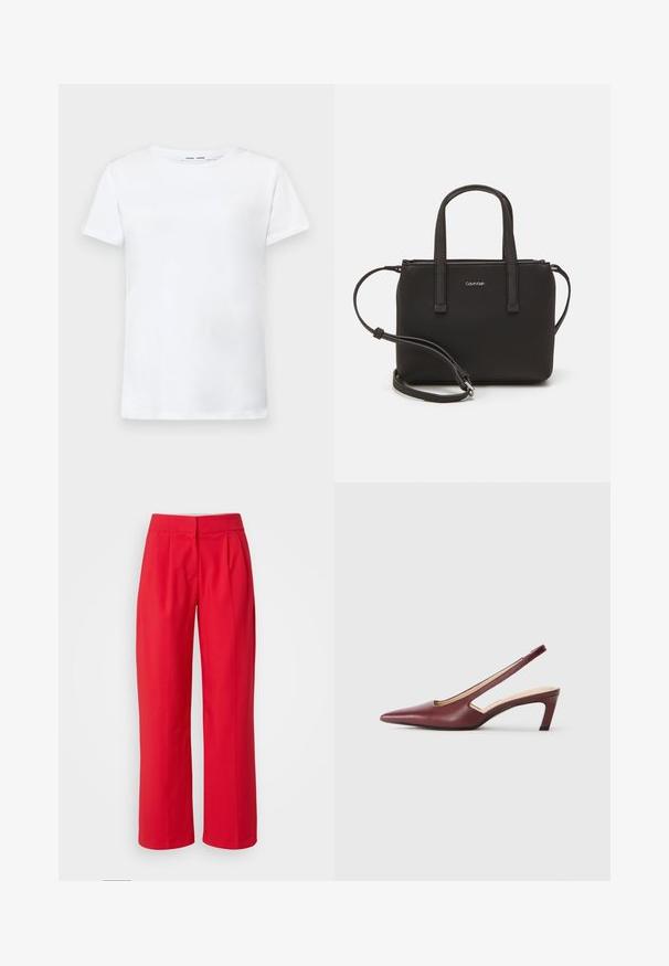 Bela kratka majica s kratkimi rokavi iz bombaža z obliko okroglega izreza. Gladka struktura in raven kroj, brez vzorcev ali dodatkov.; Rde hlače širokih nogavic z gladko teksturo, ki vsebujejo sprednje plise in raven pas. Brez vidnih žepov ali kovinskih detajlov.; Burgundske slingback pete s koničastim nosom, izrezi na straneh in srednje visoko blok peto. Gladek usnjeni zaključek.; Črna torbica z dvema kratkima ročajema in odstranljivim naramnim trakom. Gladek usnju podoben material z zadrgo in podrobnostmi z logotipom.