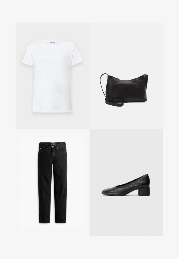Hvit kortermet t-skjorte laget av bomull med rund hals-design. Glatt tekstur og rett snitt, uten mønstre eller detaljer.; Sorte rette jeans med knap- og lynlåslukning, bæltestropper samt for- og baglommer, vist fladt på hvid baggrund.; Sorte lærpumps med rund tå og mellomstor blokkhæl. Glatt tekstur med minimalt med detaljer, og har en subtil elastisk åpning.; Svart skinn skulderveske med glatt tekstur, buet form, justerbar stropp og glidelås. Minimalistisk design uten dekorasjoner.